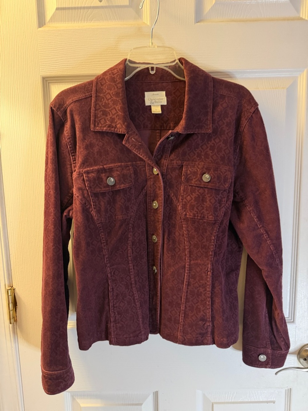 Christopher & Banks Burgundy Textured Button-Front Jean Jacket